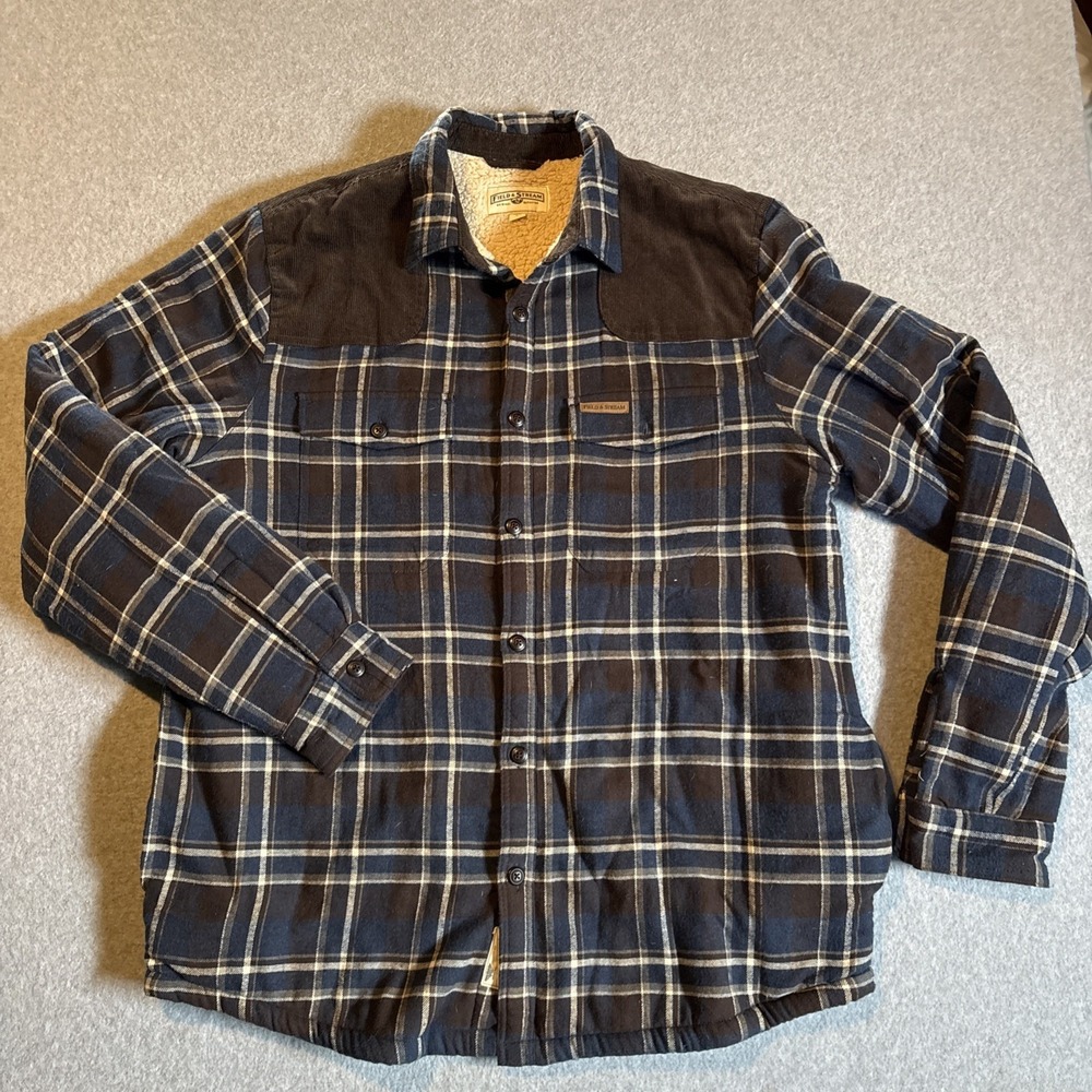 VTG Field & Stream Plaid Flannel Fleece Button Jacket Curdoroy Shoulders Mens L